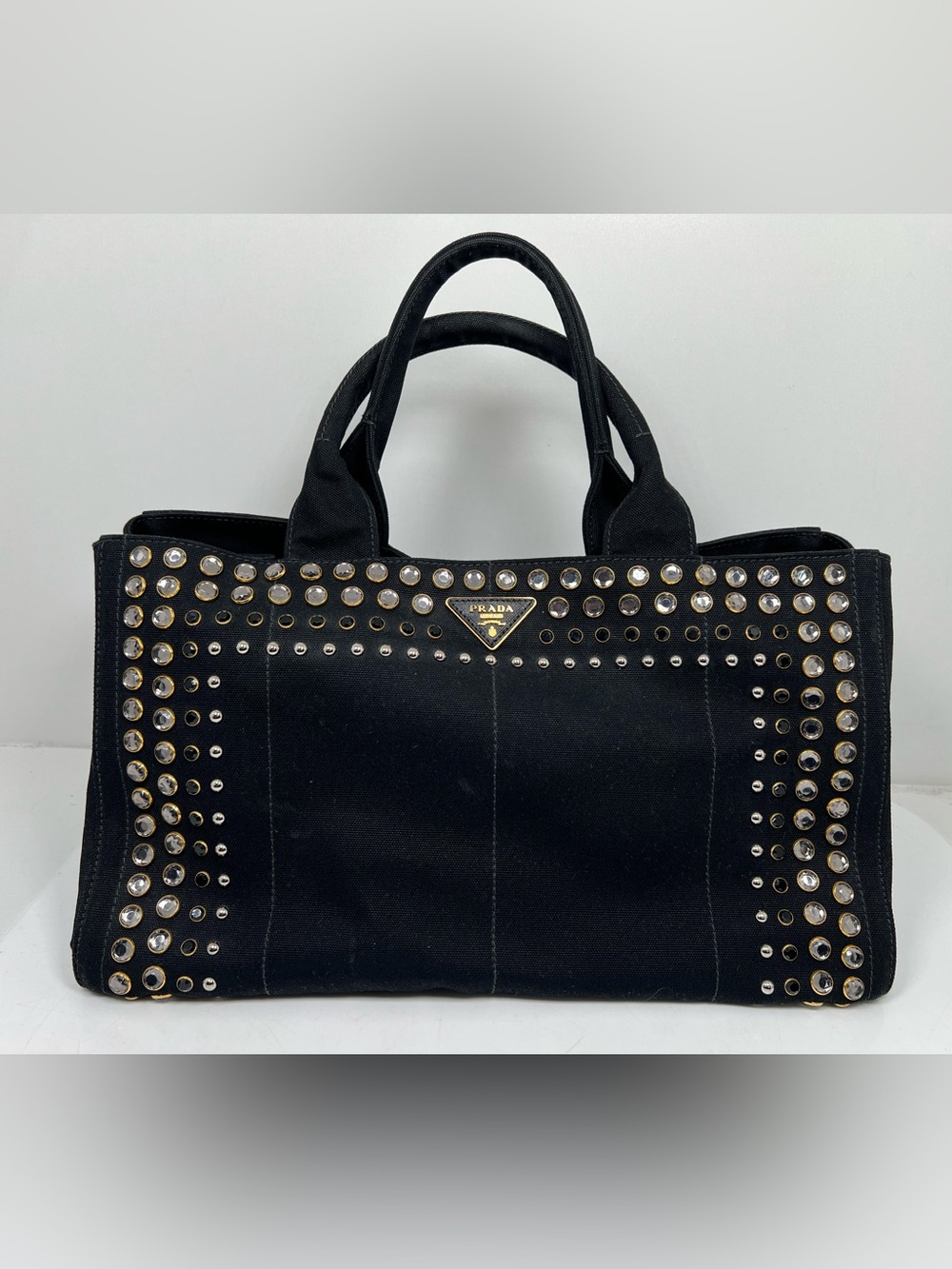 PRADA Tote Bag Canapa studs canvas Nero (Black) Women